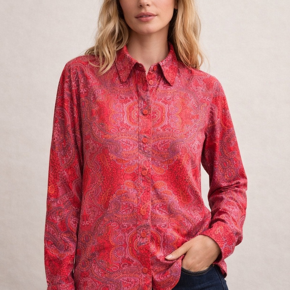 New York & Company Red Paisley Button-Down Shirt vintage